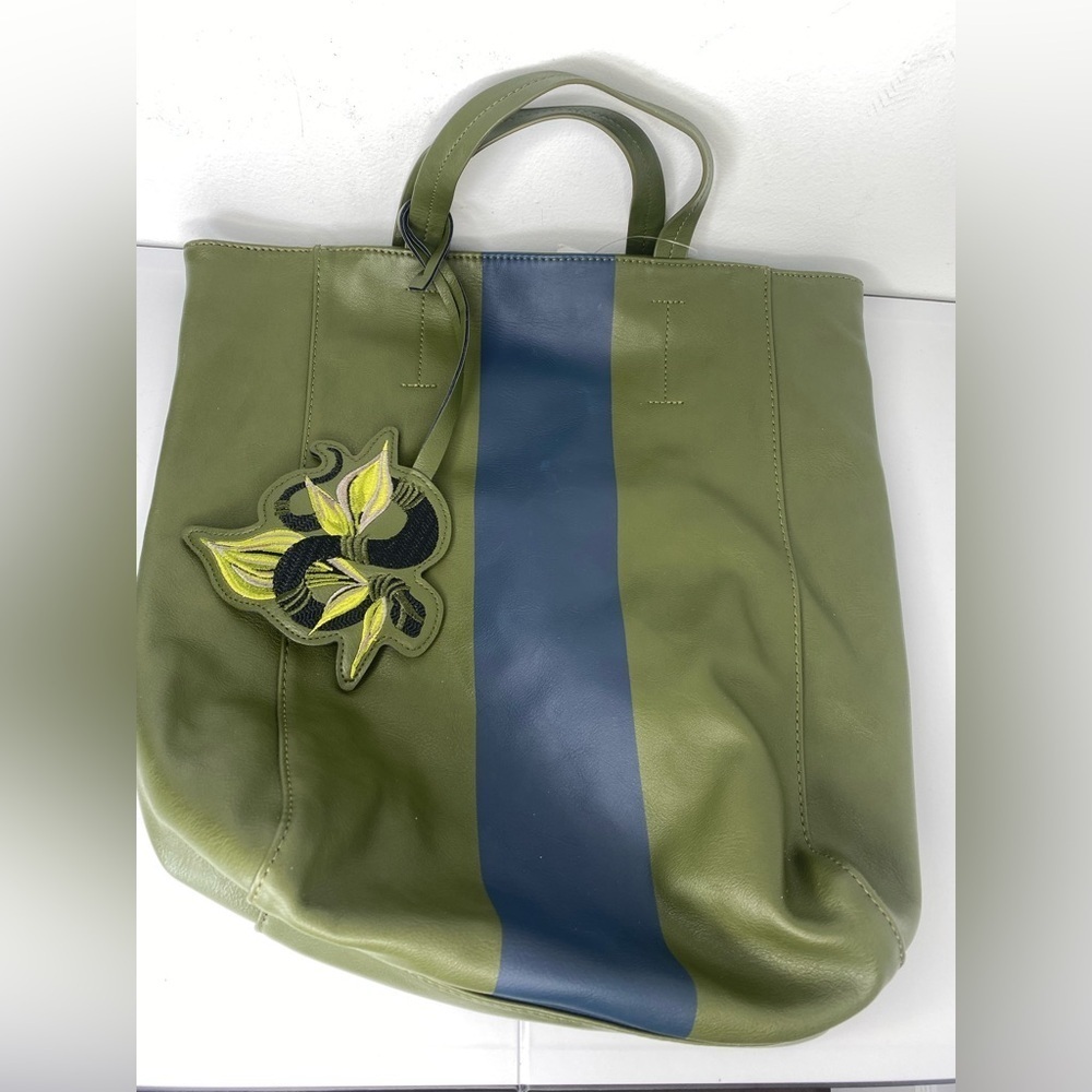 NWT Olive Green and Navy Large Tote Bag With Floral Attachment